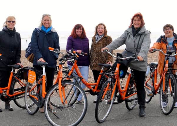Linda from Heenefields, Judy Fox from Worthing Borough Council,, Sarah from High Beach, Linda from Glenhill,Sarah from The Moorings and Cathy from Baltimore trying out the Donkey Republic bike scheme
