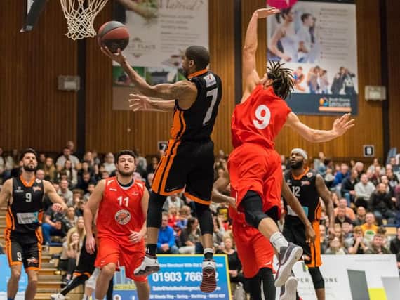 Worthing Thunder guard Jorge Ebanks is relishing Saturdays play-off semi-final trip to Loughborough Student Riders. Picture by Kyle Hemsley