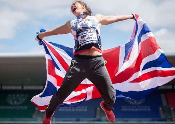 Jade Lally jumps for joy after winning the British Championship at the Alexander Stadium in Birmingham.  
Picture by Jodi Hanagan.