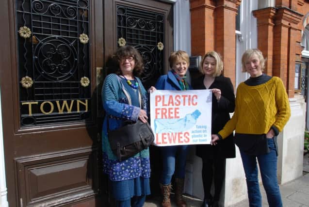 From left, Cllr Susan Murray, Sue Fleming and Juliet Oxborrow of Plastic Free Lewes and Cllr Chelsea Renton
