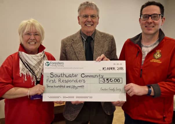 Foresters Friendly Society Horsham branch donate to Southwater Community First Responders SUS-180416-152414001