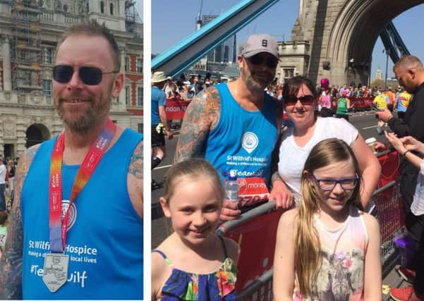 Alisdair Nicolson at the end of the marathon on Horse Guards Parade, and the second is on Tower Bridge (around the 12 mile mark) where my family were - so clockwise; Debbie (the missus) and my daughters Amelie and Isla. I spotted them in the crowd so took a quick breather!