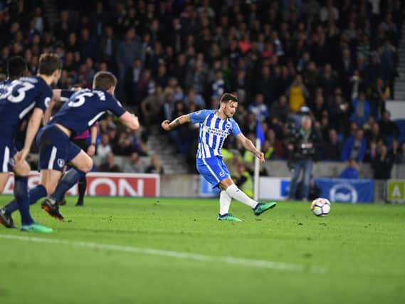 Albion v Spurs. Pascal Gross puts home the penalty to get Brighton & Hove Albion back on level terms. Picture by PW Sporting Photography