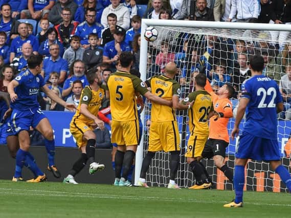 Harry Maguire heads home a corner in Leicester's win against Albion in August. Picture by Phil Westlake (PW Sporting Photography)
