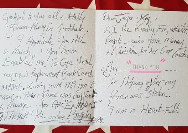 The lady - named as Angela - whose purse was stolen has written a card to thank residents for their help. Picture: Jayne Cumbers-Hill
