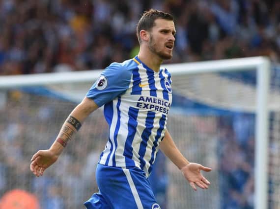 Pascal Gross celebrates scoring against West Brom. Picture by Phil Westlake (PW Sporting Photography)