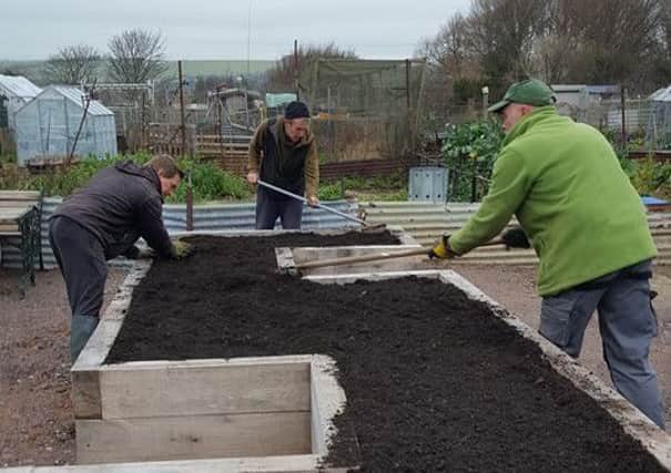 Volunteers hard at work improving the accessibility of the allotment