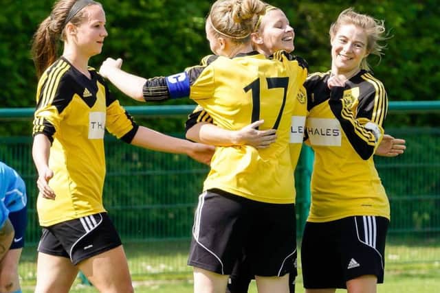 Thales player of the match Faye Rabson celebrates her goal for Crawley Wasps with (from left) Ariana Fleischman, Naomi Cole and Suzanne Davies.
Picture by Picture: Ben Davidson  www.bendavidsonphotography.com SUS-180424-122039002