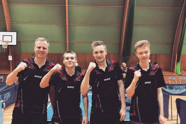 Horsham Blades table tennis team. British League National A Division champions.
From left: Emil Ohlsson, Gabriel Kempi, George Hazell and Fredrik Nilsson