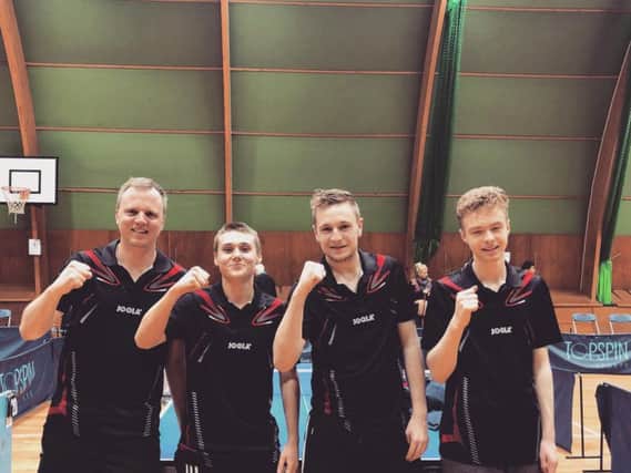 Horsham Blades table tennis team. British League National A Division champions.
From left: Emil Ohlsson, Gabriel Kempi, George Hazell and Fredrik Nilsson