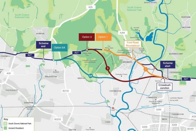 The three routes for possible A27 improvement at Arundel. Picture: Highways England