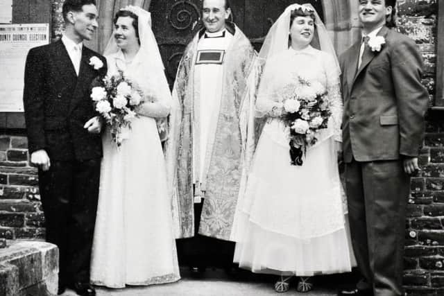 On their wedding day George and Vivian Francis and Anne and Doug Booker.