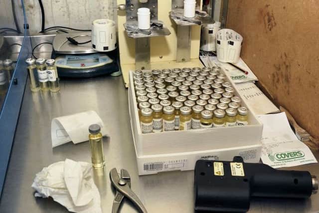Illegal steroids 'lab' discovered in Aldingbourne portacabin. Image provided by Sussex Police.