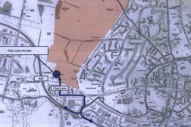 Map on the public planning documents show the 'presribed route' for construction traffic to temporarily access the south of the site off Clay Lane. Vectos