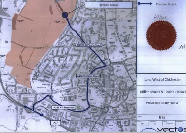 Map on the public planning documents show the 'prescribed route' for traffic to access the north of the site off Old Broyle Road. Vectos