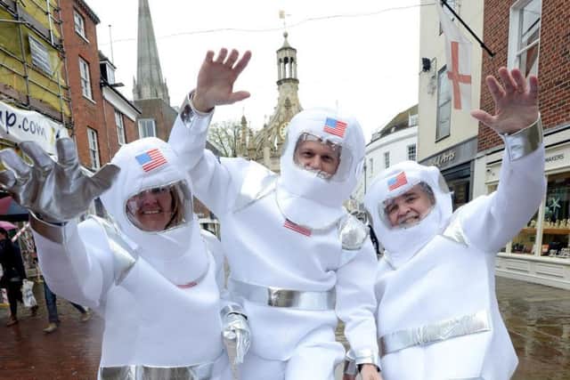 Spacemen limbering up for the Man on the Moon spectacle at this years special 10th anniversary Moonlight Walk in aid of St Wilfrids Hospice on Saturday, May 5 round Chichester (ks180202-1)