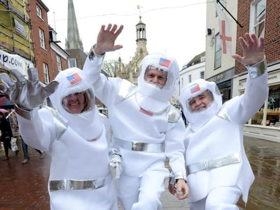 Spacemen limbering up for the Man on the Moon spectacle at this years special 10th anniversary Moonlight Walk in aid of St Wilfrids Hospice on Saturday, May 5 round Chichester (ks180202-1)