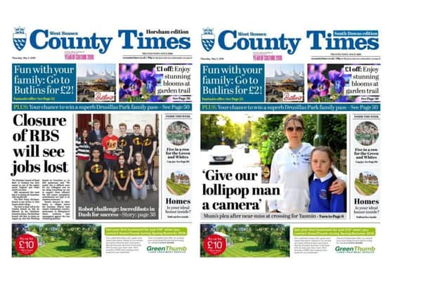 Front pages of the West Sussex County Times (Thursday May 5 edition).