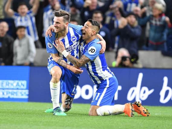 Anthony Knockaert celebrates with Pascal Gross. Picture by Phil Westlake (PW Sporting Photography)