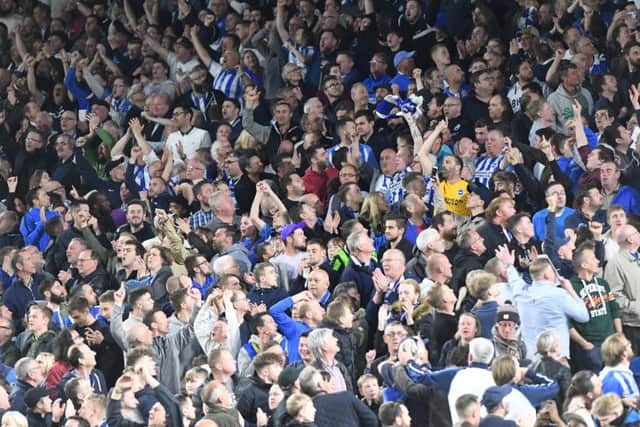 Albion fans celebrate Pascal Gross's goal. Picture by Phil Westlake (PW Sporting Photography)