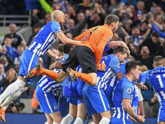 Mathew Ryan joins in the celebrations after Pascal Gross's goal against Manchester United. Picture by Phil Westlake (PW Sporting Photography)