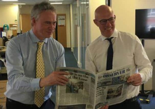 In the lead up to Local Newspaper Week David Dinsmore (right) visited Johnston Press Chichester publishing centre, and toured the newsroom before addressing assembled journalists. He's pictured with Editor in Chief Gary Shipton