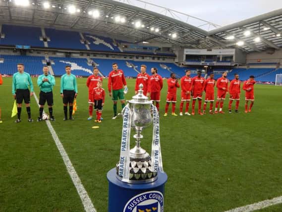 Crawley Town and Brighton & Hove Albion U23s line-up for the Parafix Sussex Senior Cup final at the Amex.