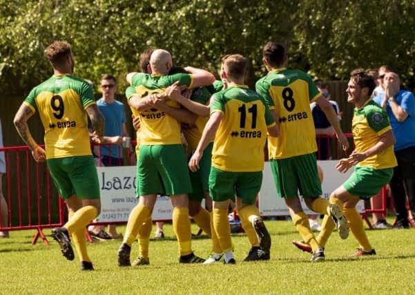 Sidlesham celebrate a goal as they win at Bosham to finish second in the league / Picture by Tommy McMillan