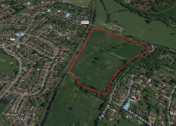 Map looking eastwards from the planning application showing the location of the 90 homes,
