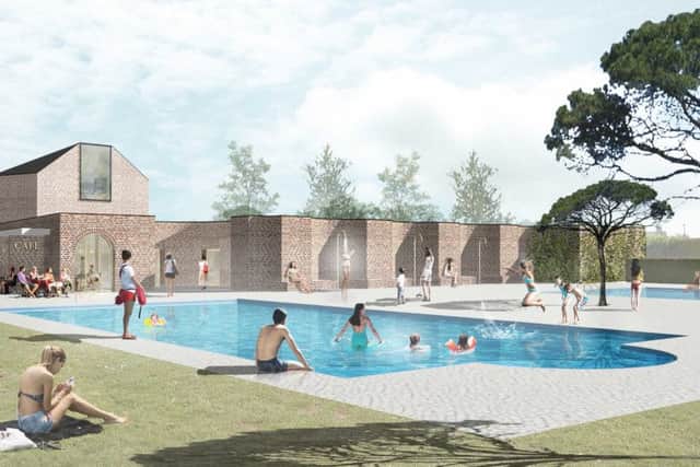 An artist's impression of the new pool side, with the new two-storey building, housing a hall, gym and cafe