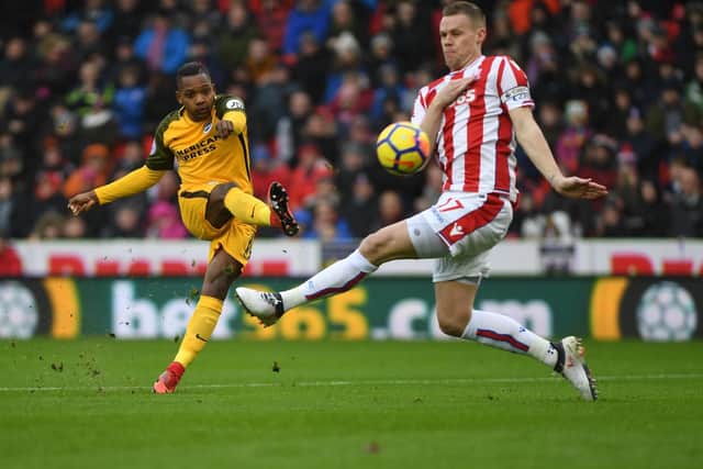 Jose Izquierdo scores at Stoke. Picture by Phil Westlake (PW Sporting Photography)