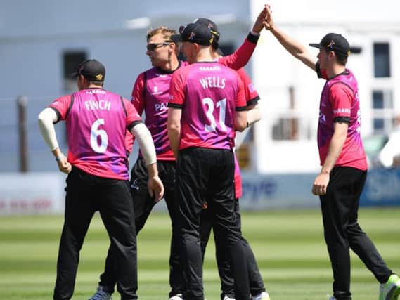 Sussex celebrate a Danny Briggs wicket as Kent struggle at Hove / Picture by PW Sporting Photography