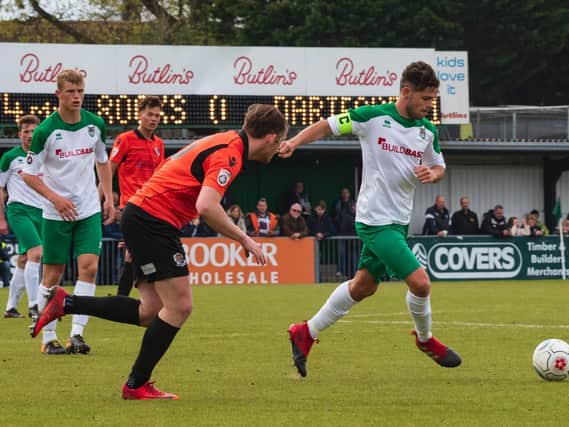 Harvey Whyte on the ball in Bognor's final game of the season, at home to Dartford / Picture by Tommy McMillan