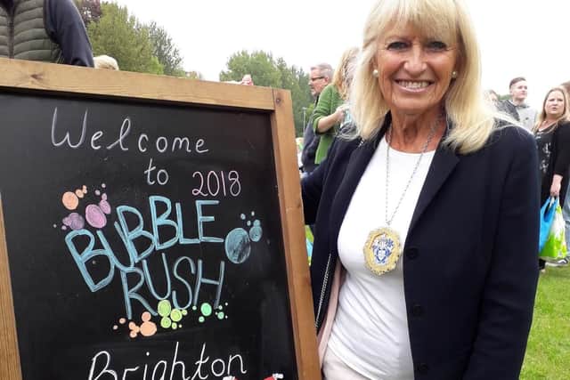 New mayor Cllr Dee Simson showed her support for the Bubble Rush