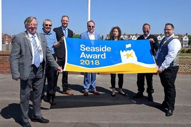 Billy with the chairman and councillors of Arun District Council and the team at the Foreshore office on the promenade for the raising of the flag in recognition of the town's Seaside Award.