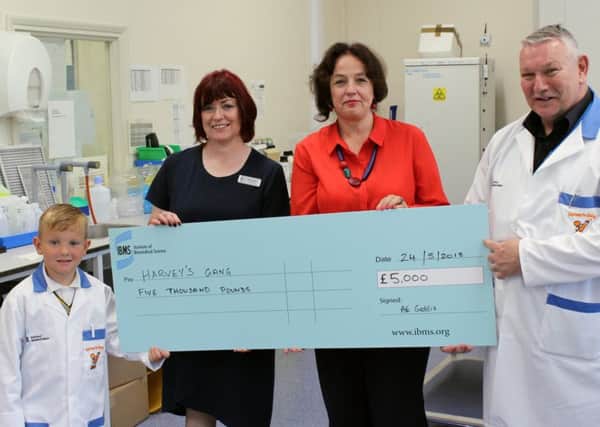 Lloyd Gainsford, IBMS president Alison Geddis, Western Sussex Hospitals NHS Foundation Trust Marianne Griffiths and Malcolm Robinson at the cheque presentation for Harvey's Gang sponsorship.