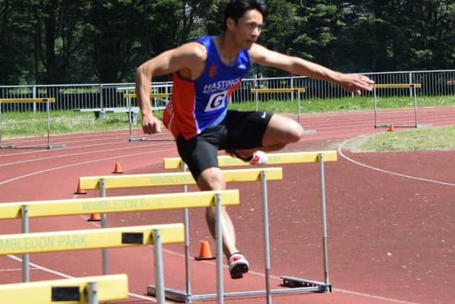 A Hastings Athletic Club hurdler at the Southern Athletics League match of the season in Wimbledon.