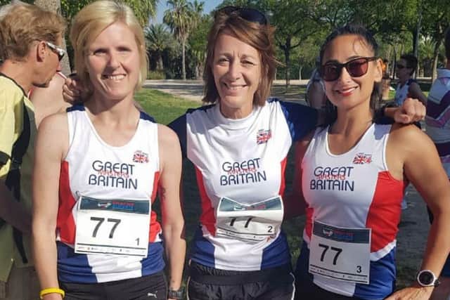 The Great Britain F40 relay team including Helen Brown (centre) and Carol Lowes (right).