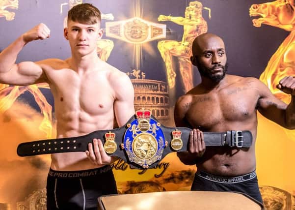 Elliott Hallworth (left) and opponent Jarvis Grey with the Prizefighter belt. Picture courtesy UK Fight Photography
