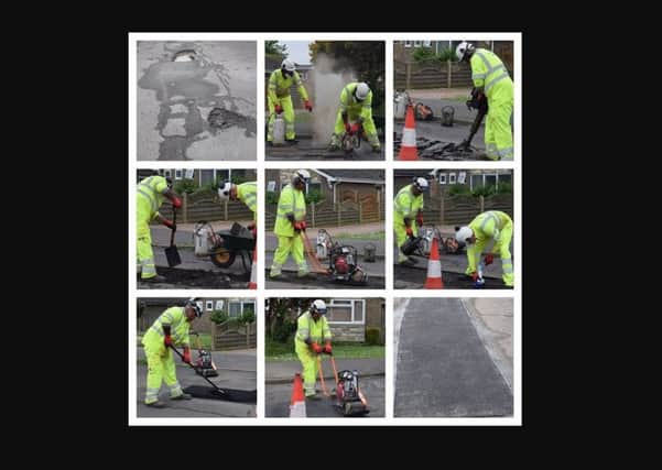 Anatomy of a quality pothole repair: (from top left) a potholed patch on a West Sussex road; cutting a rectangular repair area; using a breaker to break out the patch; removing loose debris, with a shovel and bigger parts by hand; preparing the surface with a compactor plate; sealant being applied to bind the new and old surfaces; skilfully spreading the Tarmac slightly proud of the existing area, to achieve a smooth end result once compacted; using the compactor; the new surface.