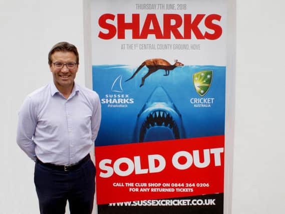 Sussex Cricket chief executive, Rob Andrew, with the sign announcing next weeks sell-out