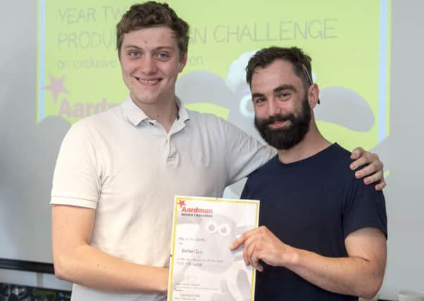 Student Matthew Tuck with Adam Vincent-Garland, senior interactive and product development executive at Aardman