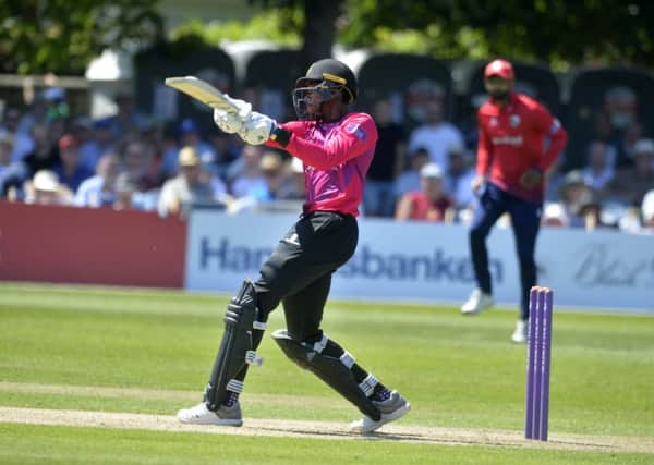 Jofra Archer hits a six for Sussex against Essex at The Saffrons (Photo by Jon Rigby)