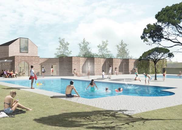 The new pool side, with the new two-storey building, housing a hall, gym and cafe