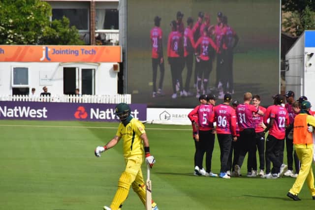 Sussex celebrate an Aussie wicket - in the flesh and on the big screen / Picture by Phil Hewitt