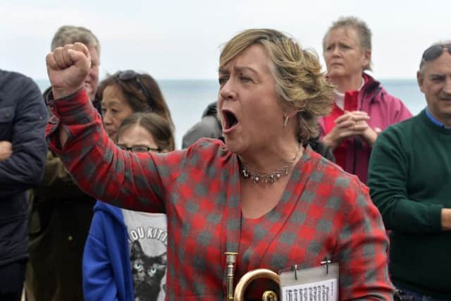 Jane Humberstone at Eastbourne Bandstand protesting about the cuts to East Sussex Music Service (Photo by Jon Rigby)