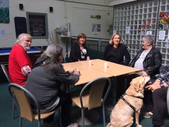 Amber Rudd meets with Annie Whelan and some of the service users at The Seaview Project. SUS-180806-115232001