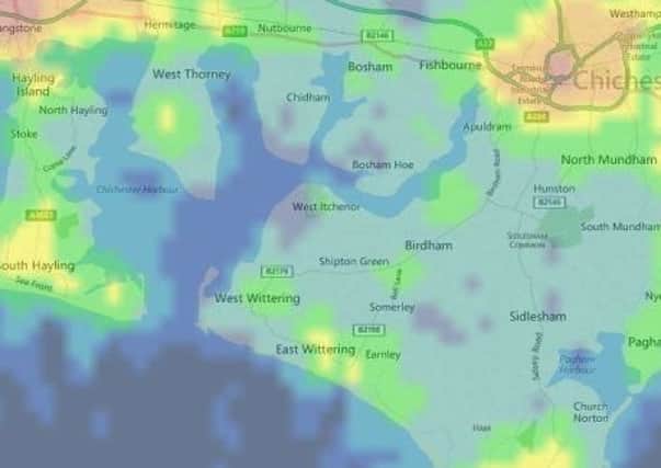 A light pollution map showing Chichester Harbour