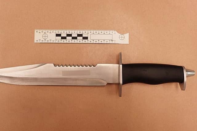 The hunting-style knife with a 25cm blade and 10cm handle used to stab Connor Ansell. Photo courtesy of Sussex Police. SUS-180806-171054001