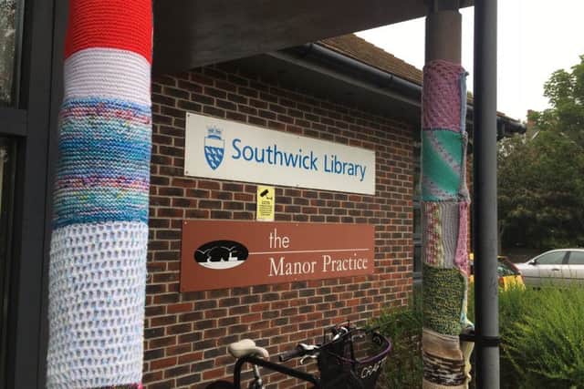 Southwick has woolly sleeves around the pillars, while Shoreham and Lancing libraries have big panels on the walls